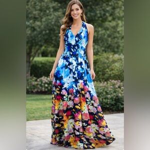 Eliza J | Dresses | Eliza J Floral Halter Maxi Dress Pink Navy Size |  Poshmark